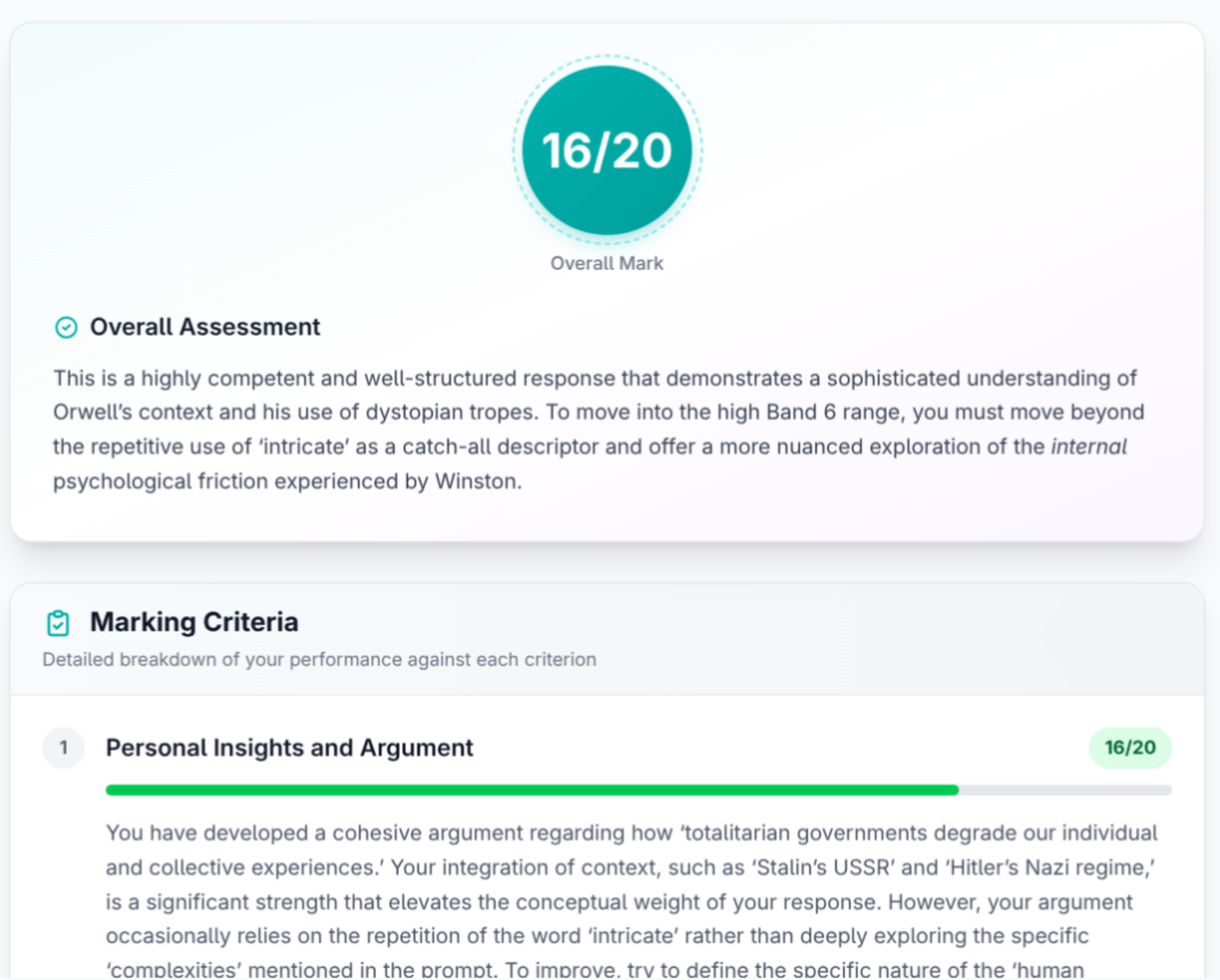An essay marked against state English marking criteria